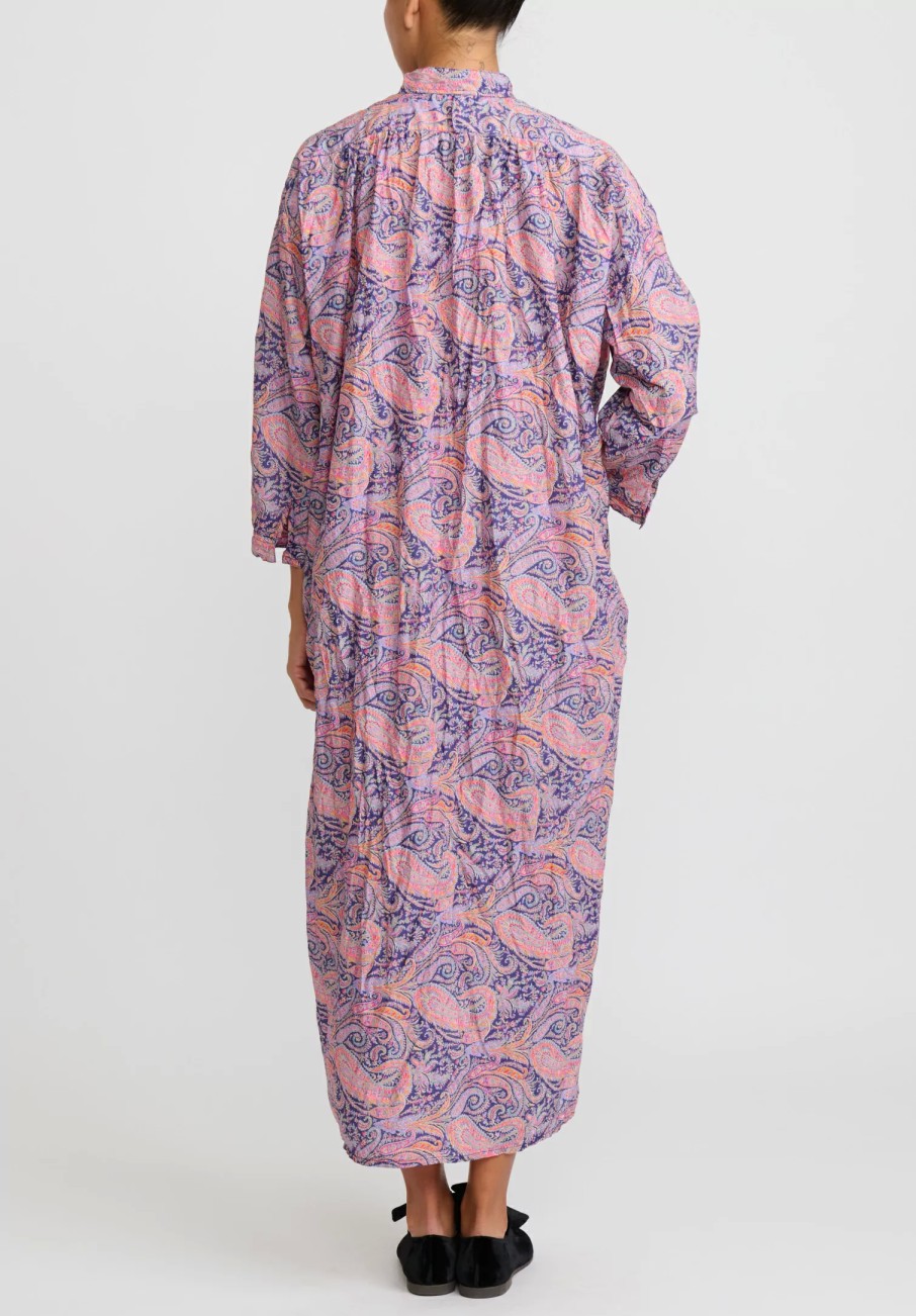 Daniela Gregis Dresses | Washed Cotton Long Kora Shirt Dress In Cachemire Blue, Orange & Violet Paisley