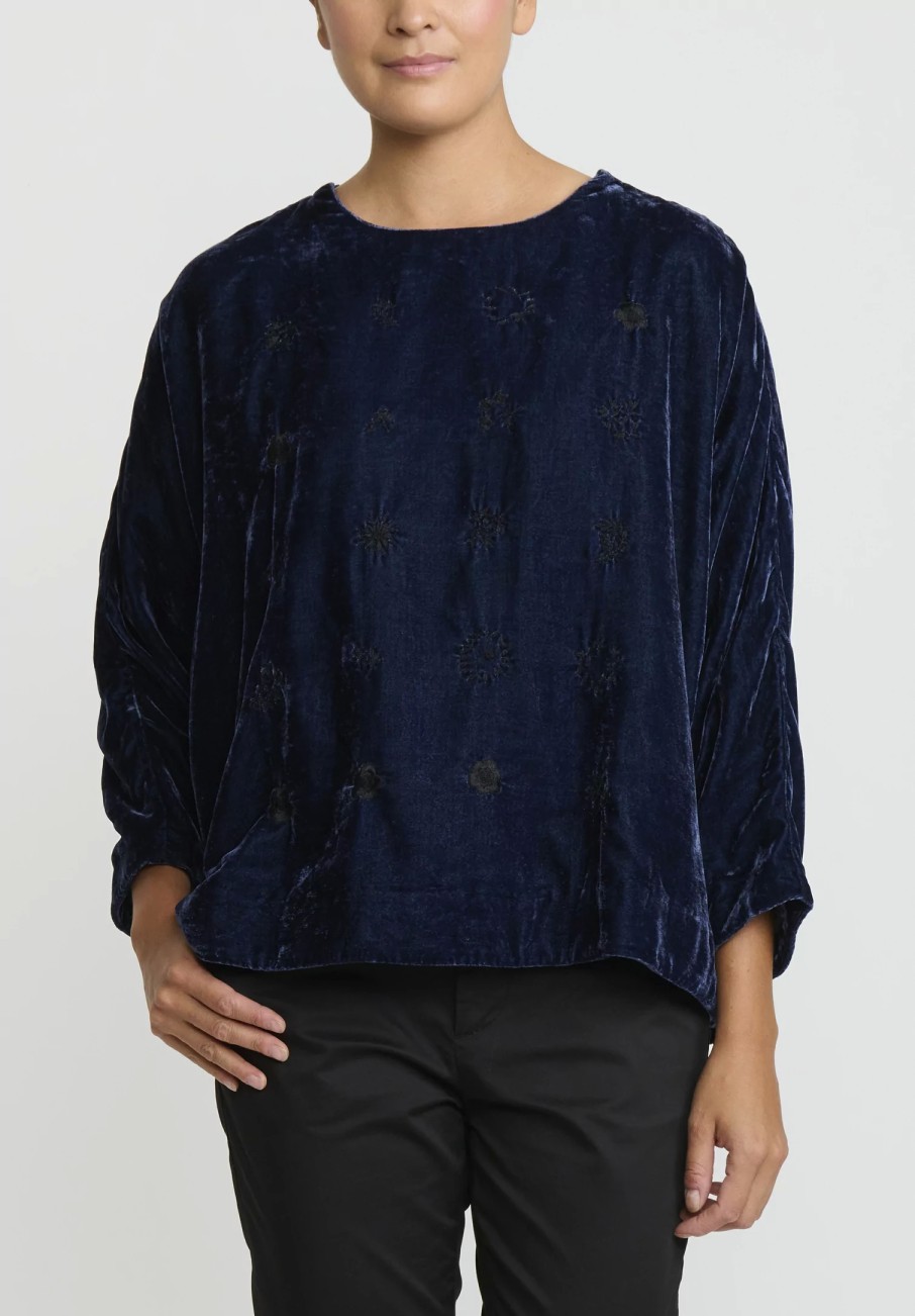 AODress Tops | Embroidered Velvet Top In Tanzanite Blue