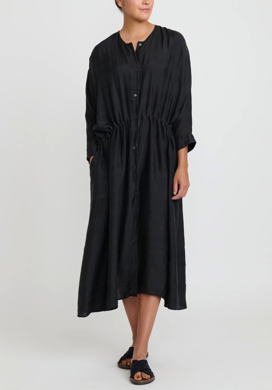 Kaval Dresses | Khadi Silk Front Button Open Dress In Black