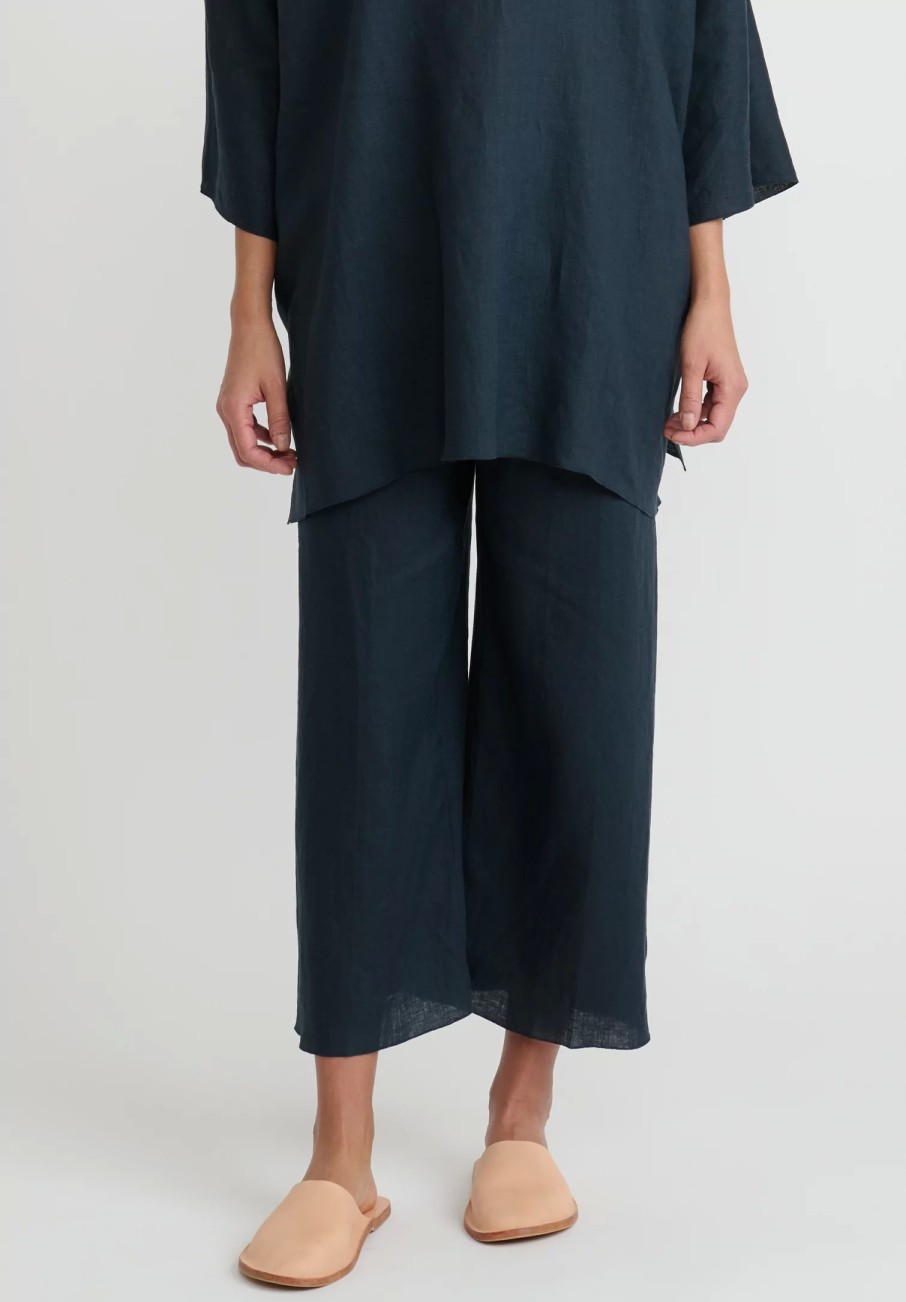 Shi Cashmere Pants | Shi Linen Cropped Pants In Navy Blue