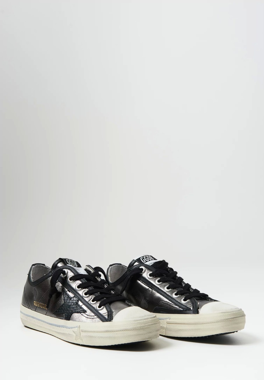 Golden Goose Sneakers | Metallic & Leather Python Print V-Star Binding Sneaker In Dark Grey & Black