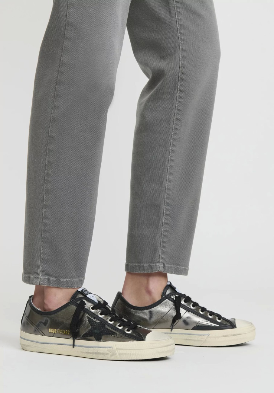 Golden Goose Sneakers | Metallic & Leather Python Print V-Star Binding Sneaker In Dark Grey & Black