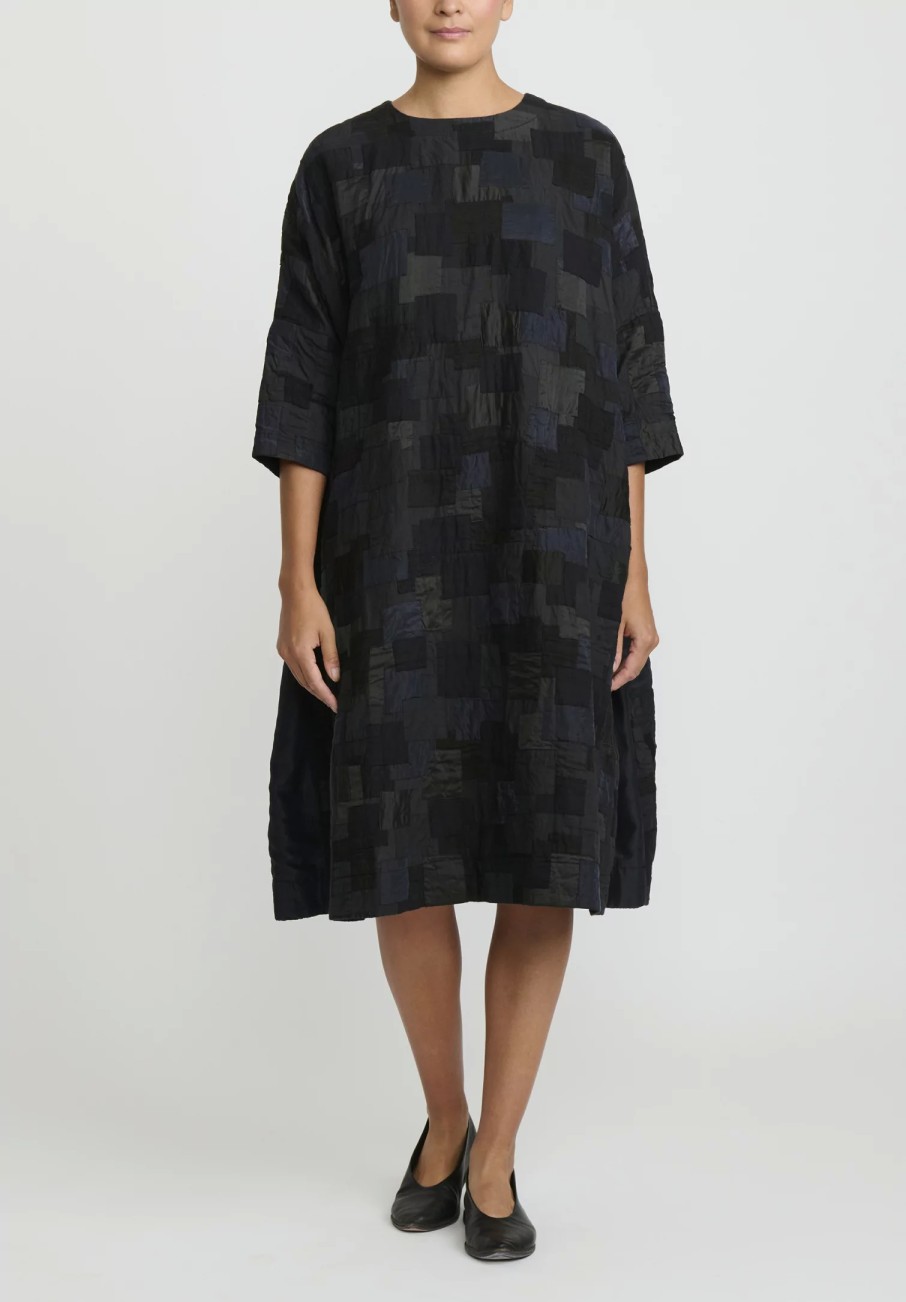 AODress Dresses | Cotton, Linen And Silk Patched A-Line Dress In Sumi Black