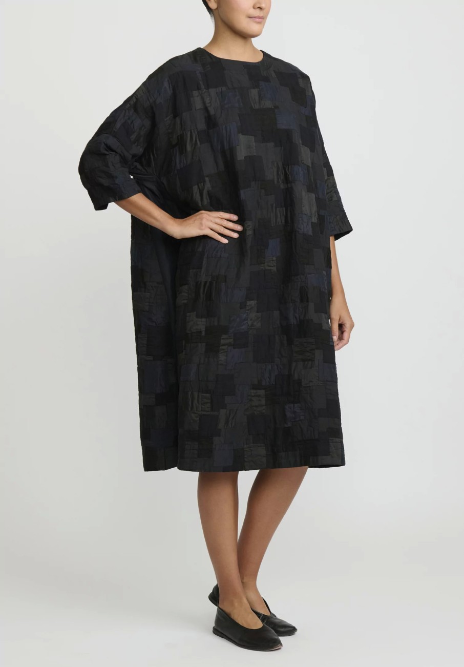 AODress Dresses | Cotton, Linen And Silk Patched A-Line Dress In Sumi Black