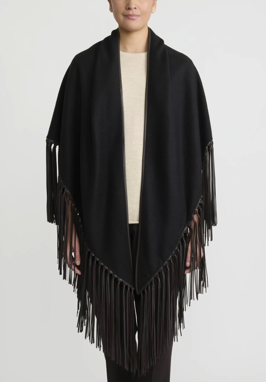 Alonpi Ponchos | Cashmere ''Mantello Triangolo'' Shawl With Leather Fringe In Black/Brown