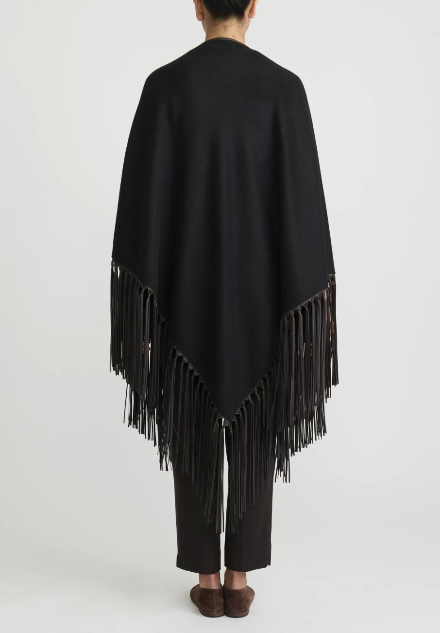 Alonpi Ponchos | Cashmere ''Mantello Triangolo'' Shawl With Leather Fringe In Black/Brown