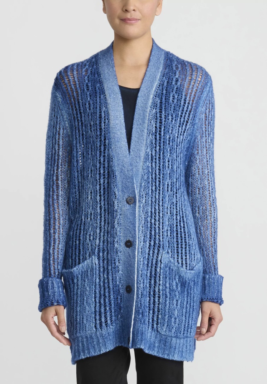 Avant Toi Knitwear | Hand-Painted Cashmere & Silk Loose Knit Cardigan In Genziana Blue