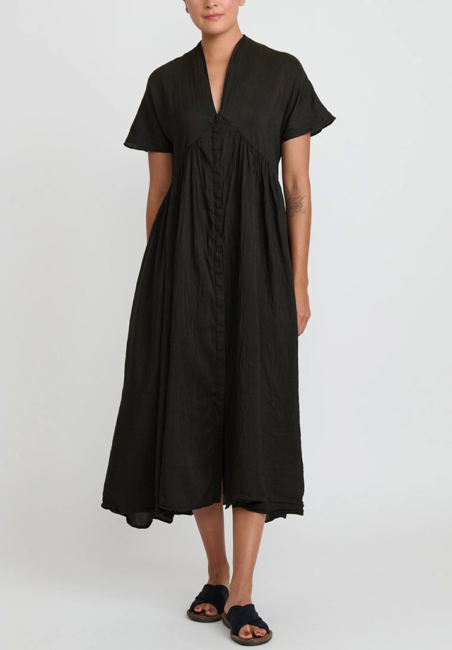 Kaval Dresses | Narrow Silk And Linen Fly Front Gather Dress In Black