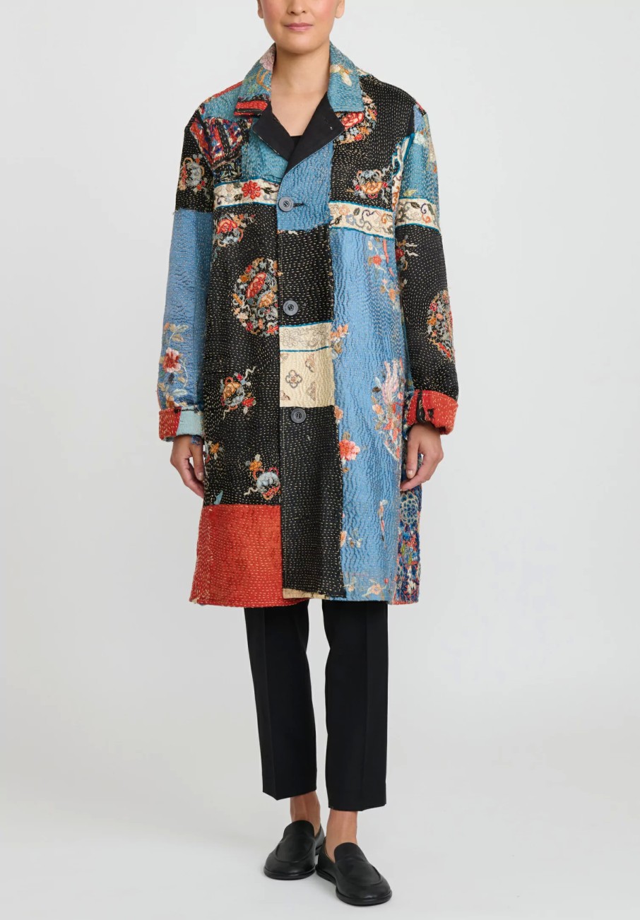 By Walid One Of A Kind | Antique Embroidered Chinese Silk Rufus Coat In Celeste Blue & Black