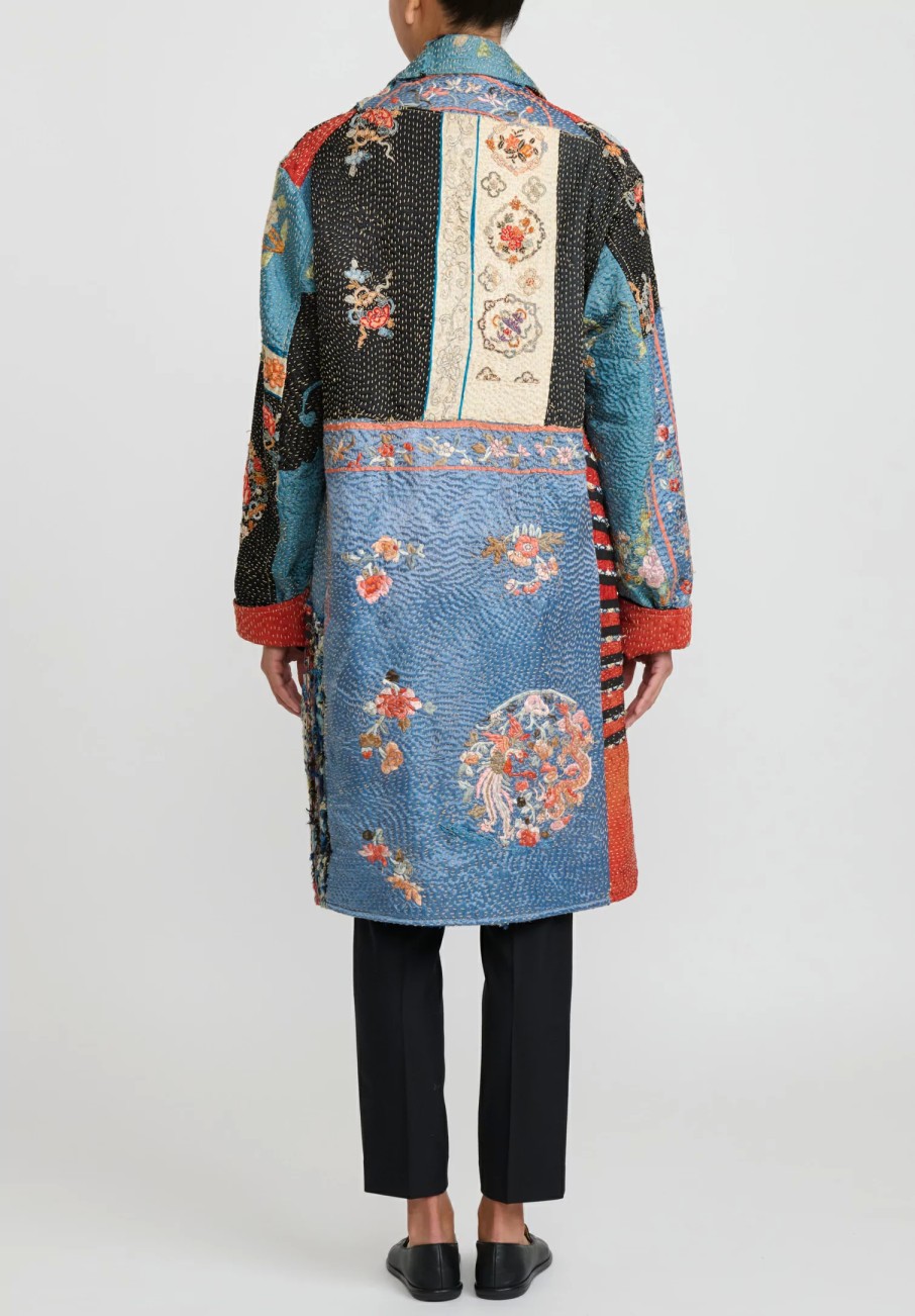 By Walid One Of A Kind | Antique Embroidered Chinese Silk Rufus Coat In Celeste Blue & Black