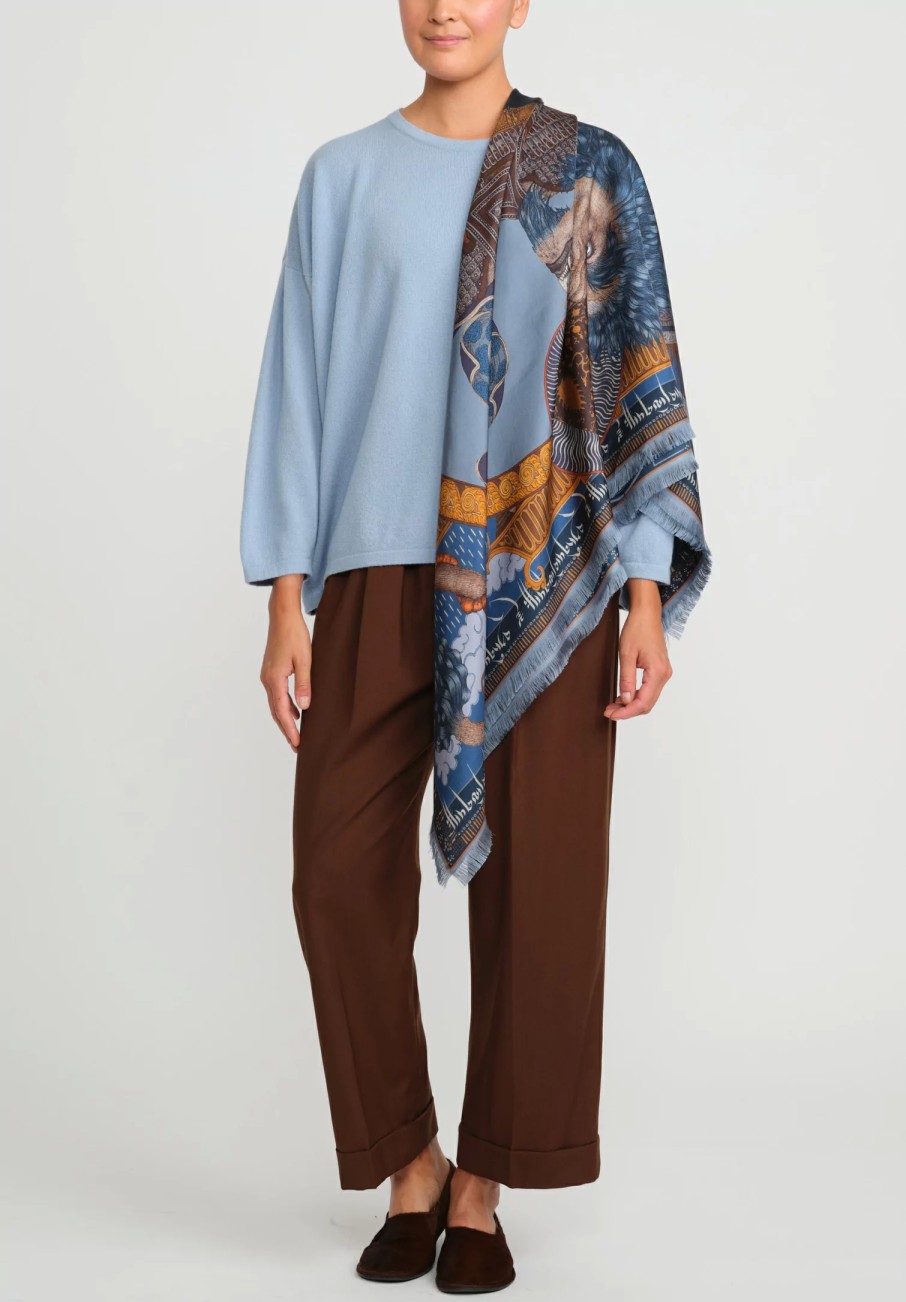 Sabina Savage Scarves & Shawls | Silk Twill The Snow Lion Scarf In Ice Blue & Fire