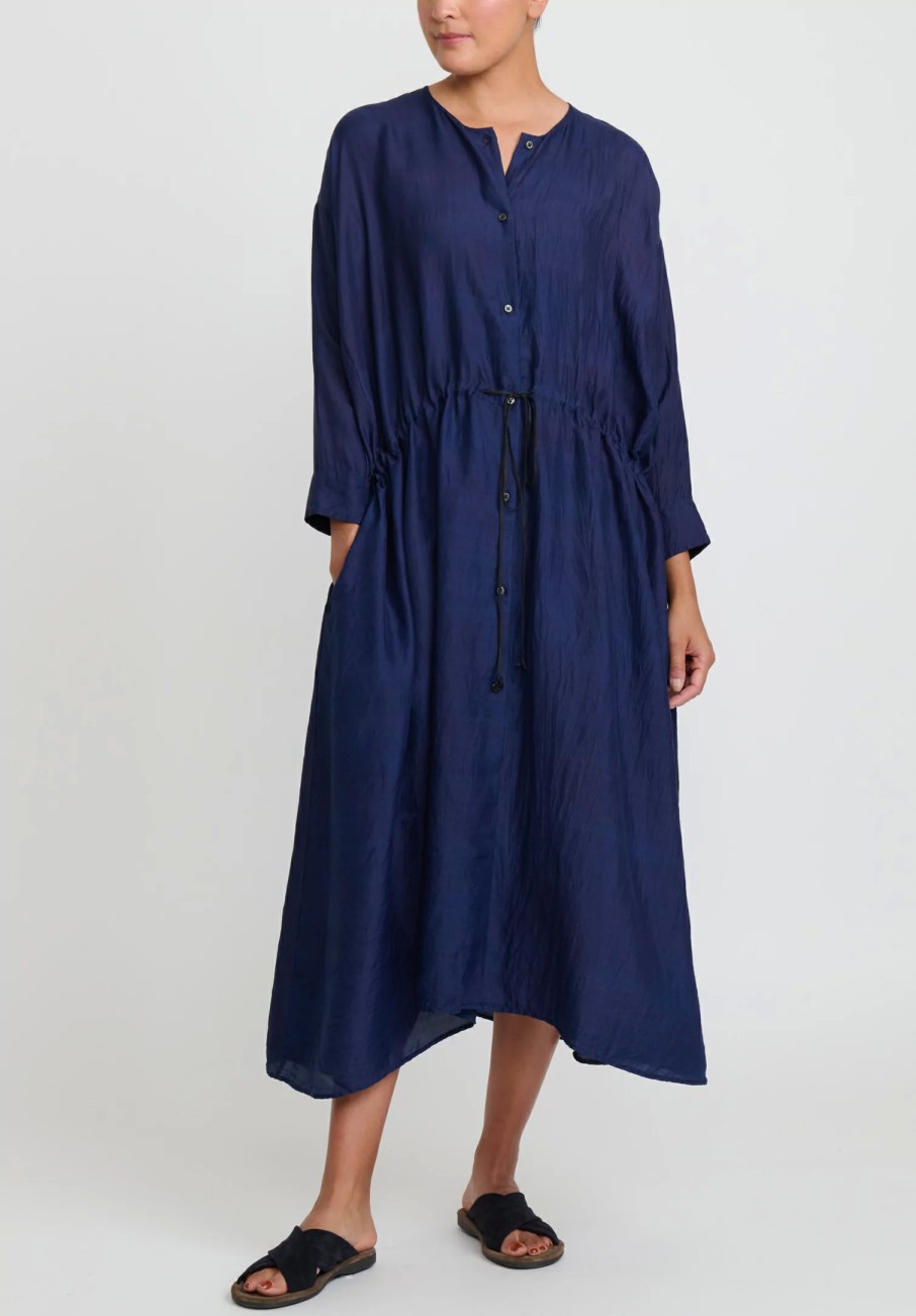 Kaval Dresses | Khadi Silk Front Button Open Dress In Indigo Blue