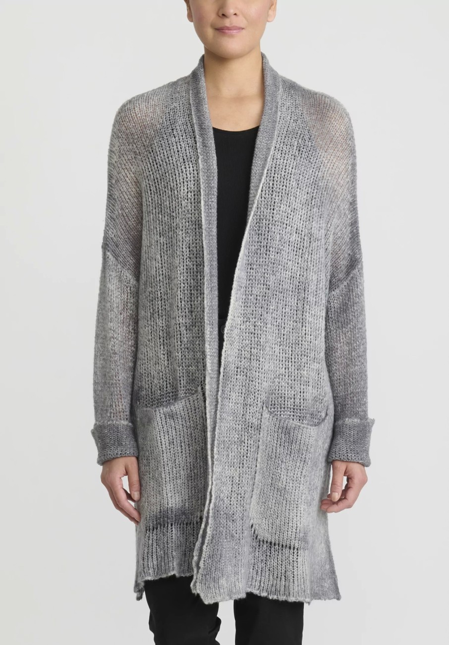 Avant Toi Knitwear | Hand-Painted Cashmere & Silk Loose Knit Cardigan In Ghiaccio Grey