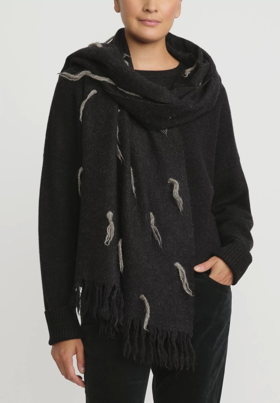 Lauren Manoogian Scarves & Shawls | Handwoven Baby Alpaca And Wool Tuft Wrap In Black Melange & Grey Rock