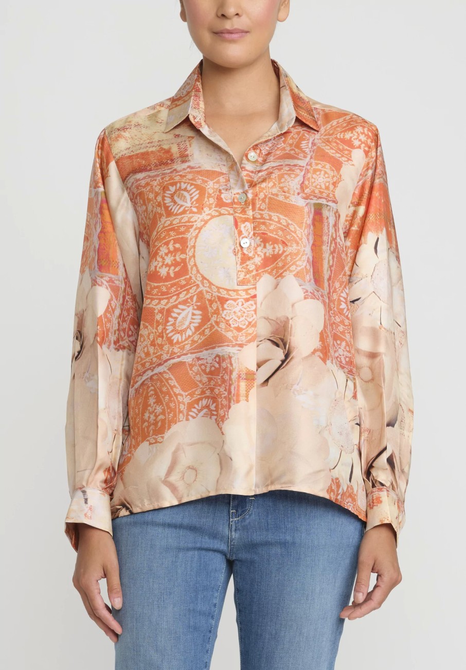 Bokja Shirts & Blouses | Silk Twill Jeanne Z Shirt In Orange & Peach