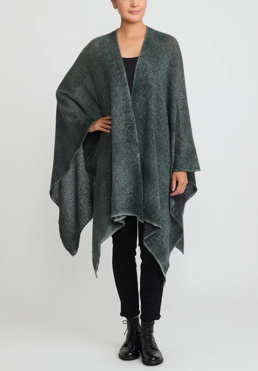 Avant Toi Ponchos | Hand-Painted Cashmere & Silk Off-Gauge Poncho In Nero Forest Green