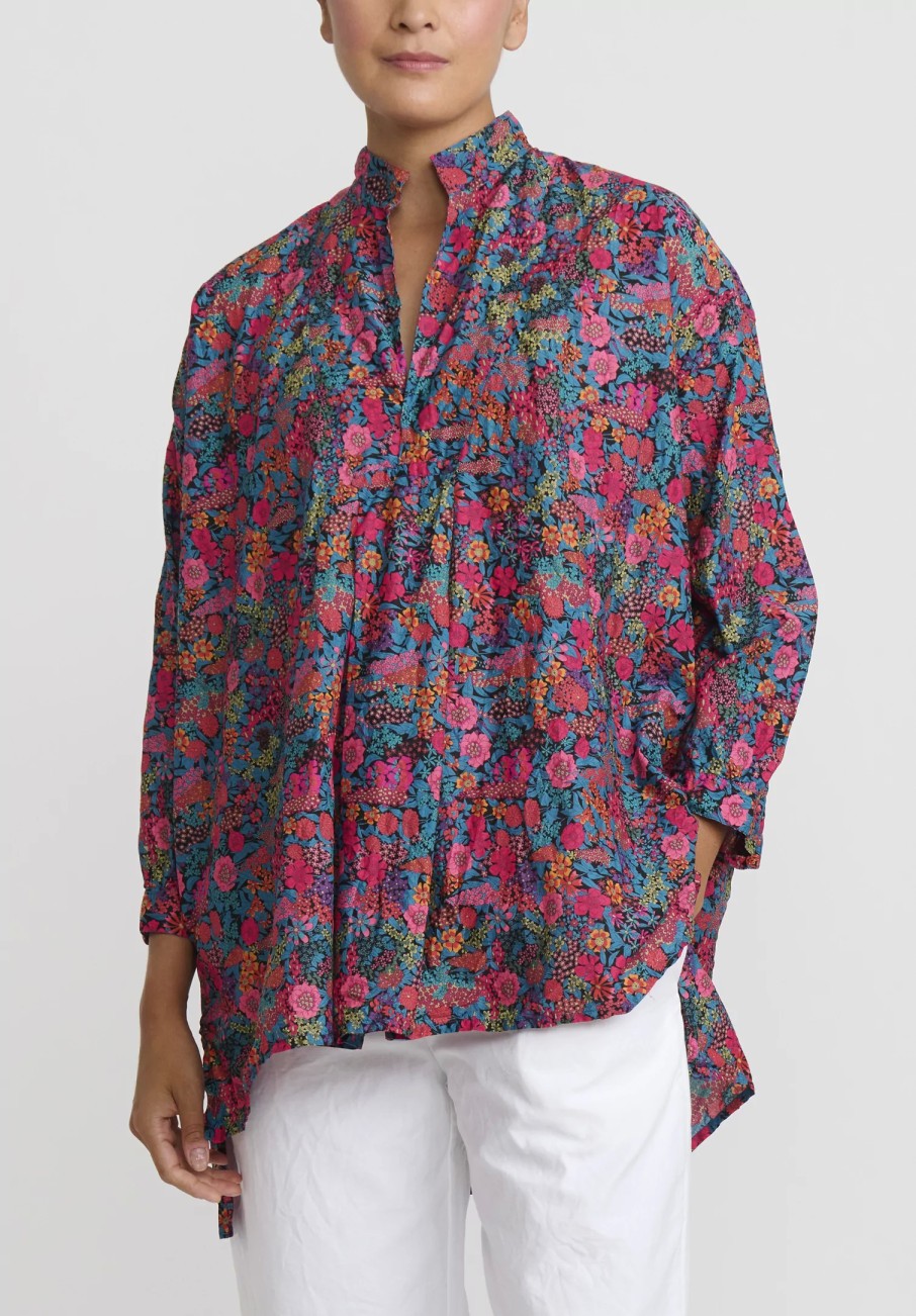 Daniela Gregis Tops | Washed Cotton Kora Top In Fuchsia Red Flowers