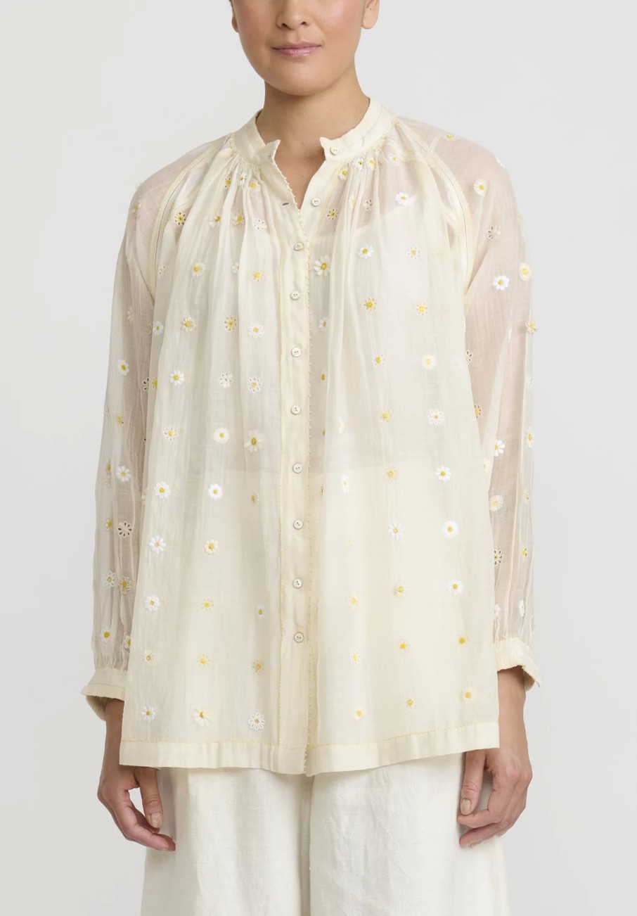 Péro Shirts & Blouses | Cotton And Silk Hand Beaded And Embroidered Daisy Shirt In Ivory White