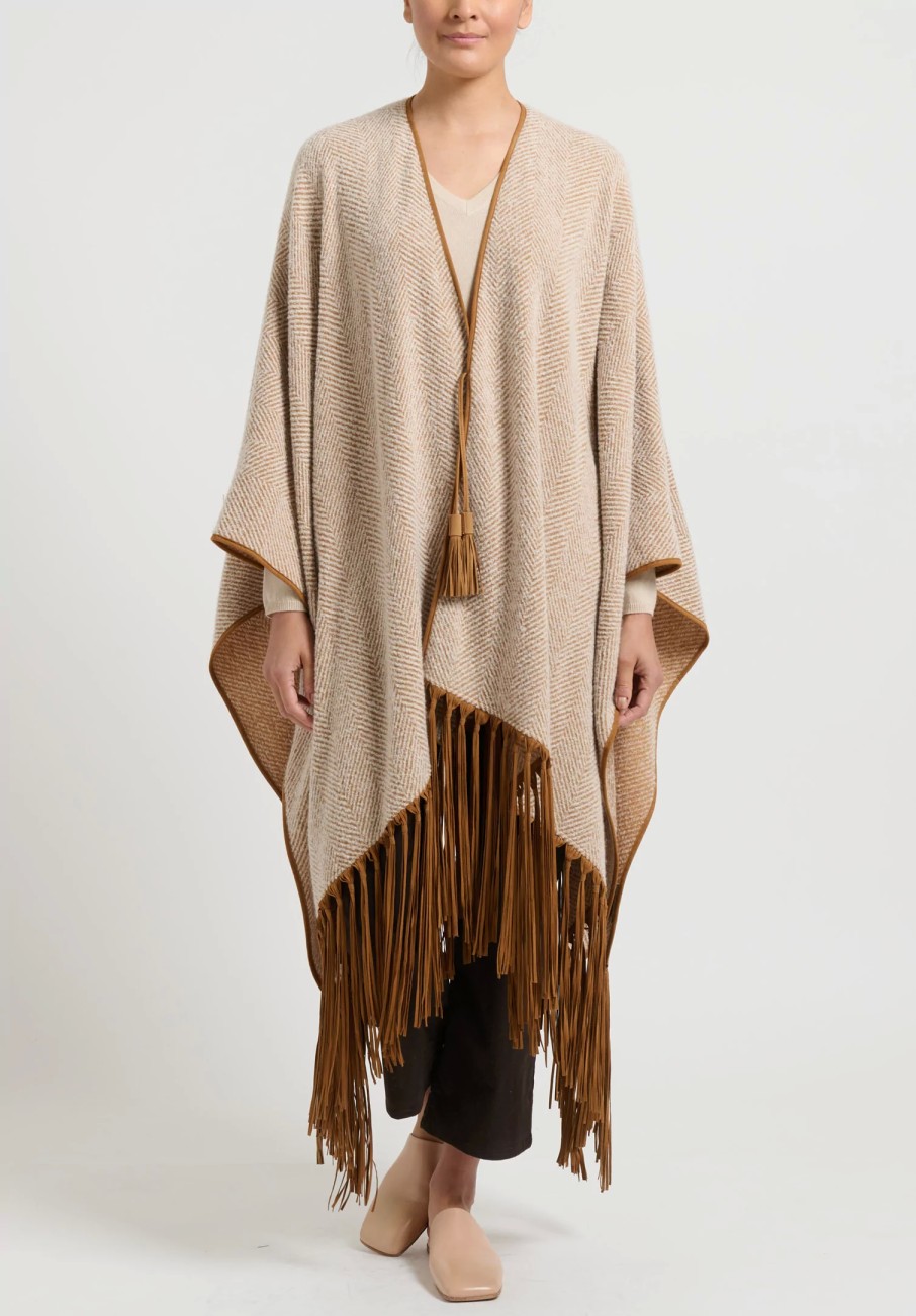 Alonpi Ponchos | Cashmere Herringbone ''Ariete Mantella Frange'' Cape In Brown & Cream