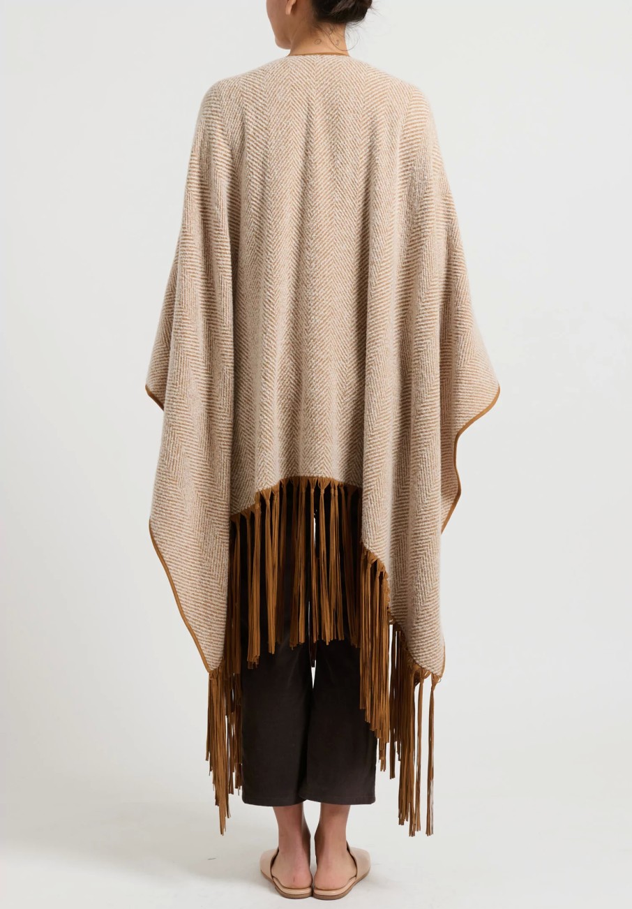 Alonpi Ponchos | Cashmere Herringbone ''Ariete Mantella Frange'' Cape In Brown & Cream