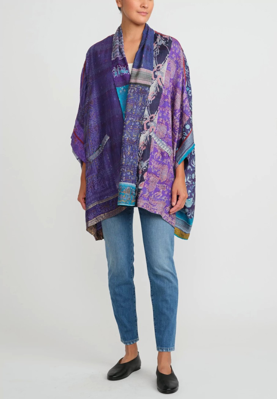 Mieko Mintz Jackets | 2-Layer Vintage Silk Double Collar Poncho In Purple & Turquoise Blue