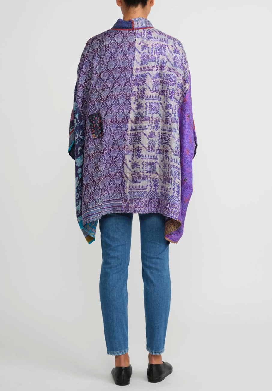 Mieko Mintz Jackets | 2-Layer Vintage Silk Double Collar Poncho In Purple & Turquoise Blue