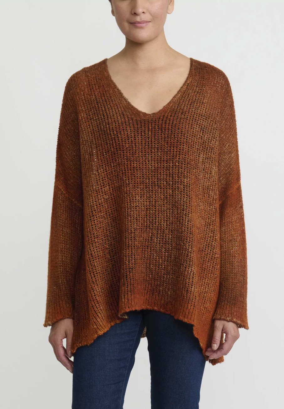 Avant Toi Knitwear | Hand-Painted Loose Knit V-Neck Sweater In Nero Corten Orange