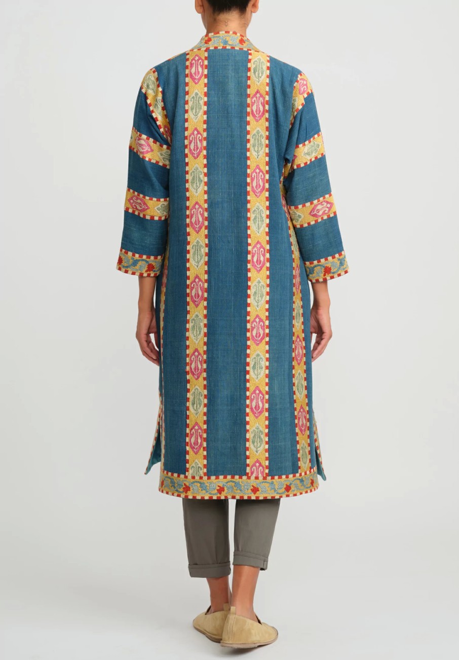 Mehmet Cetinkaya Decorative Coats | Antique Silk Embroidered Uzbek Chapan Robe In Blue &Yellow