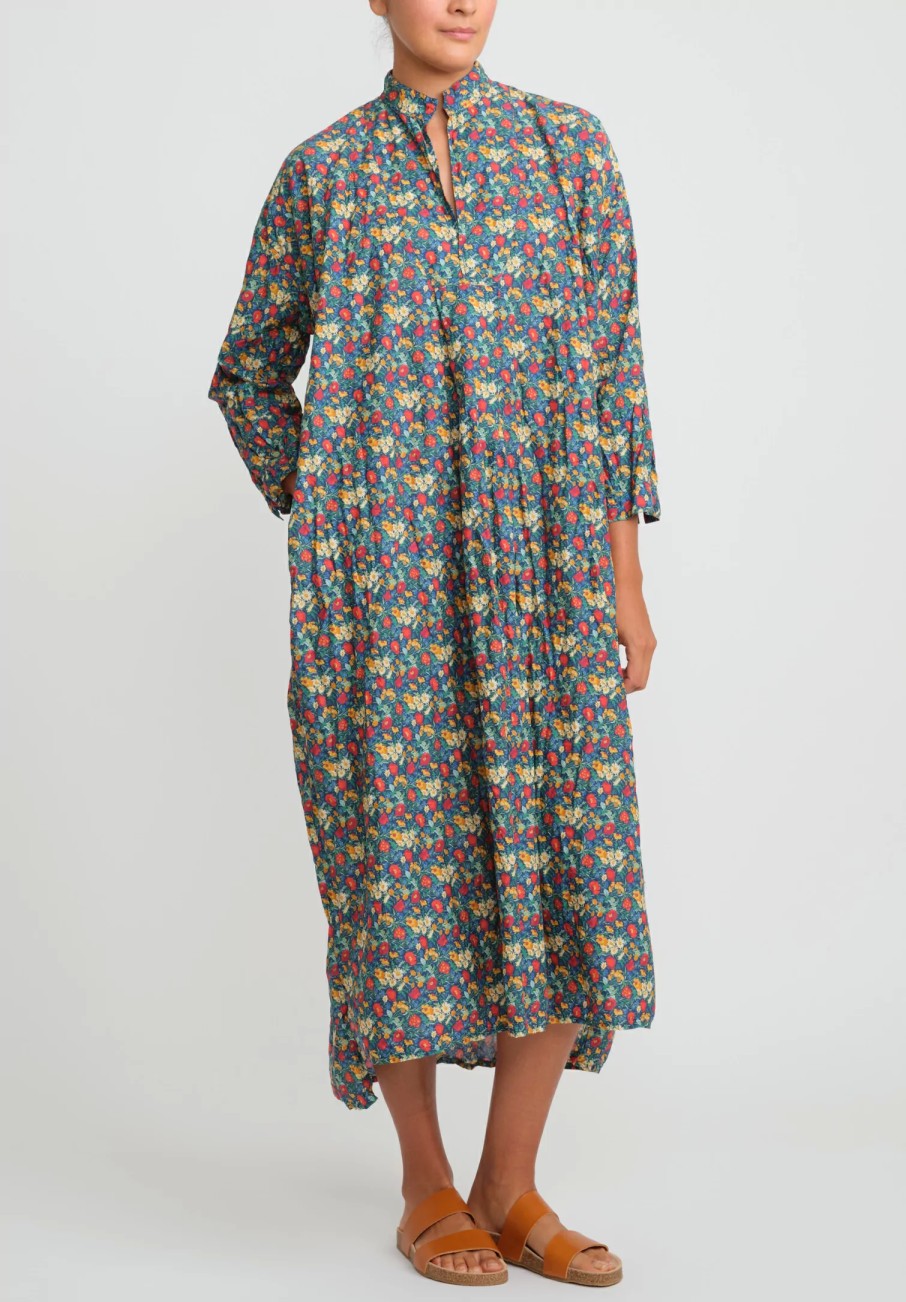 Daniela Gregis Dresses | Washed Cotton Long Kora Shirtdress In Blue, Orange & Red Flowers