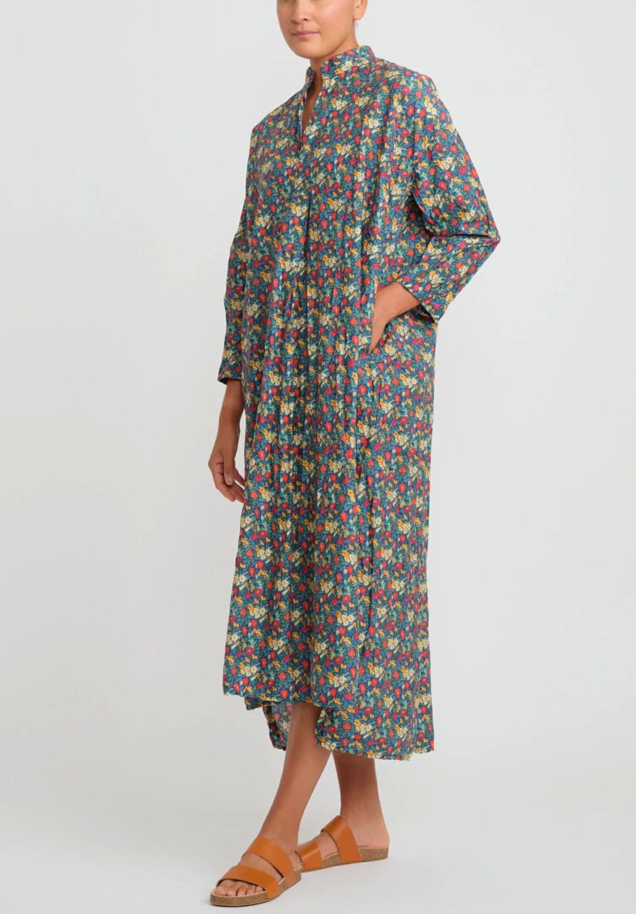 Daniela Gregis Dresses | Washed Cotton Long Kora Shirtdress In Blue, Orange & Red Flowers