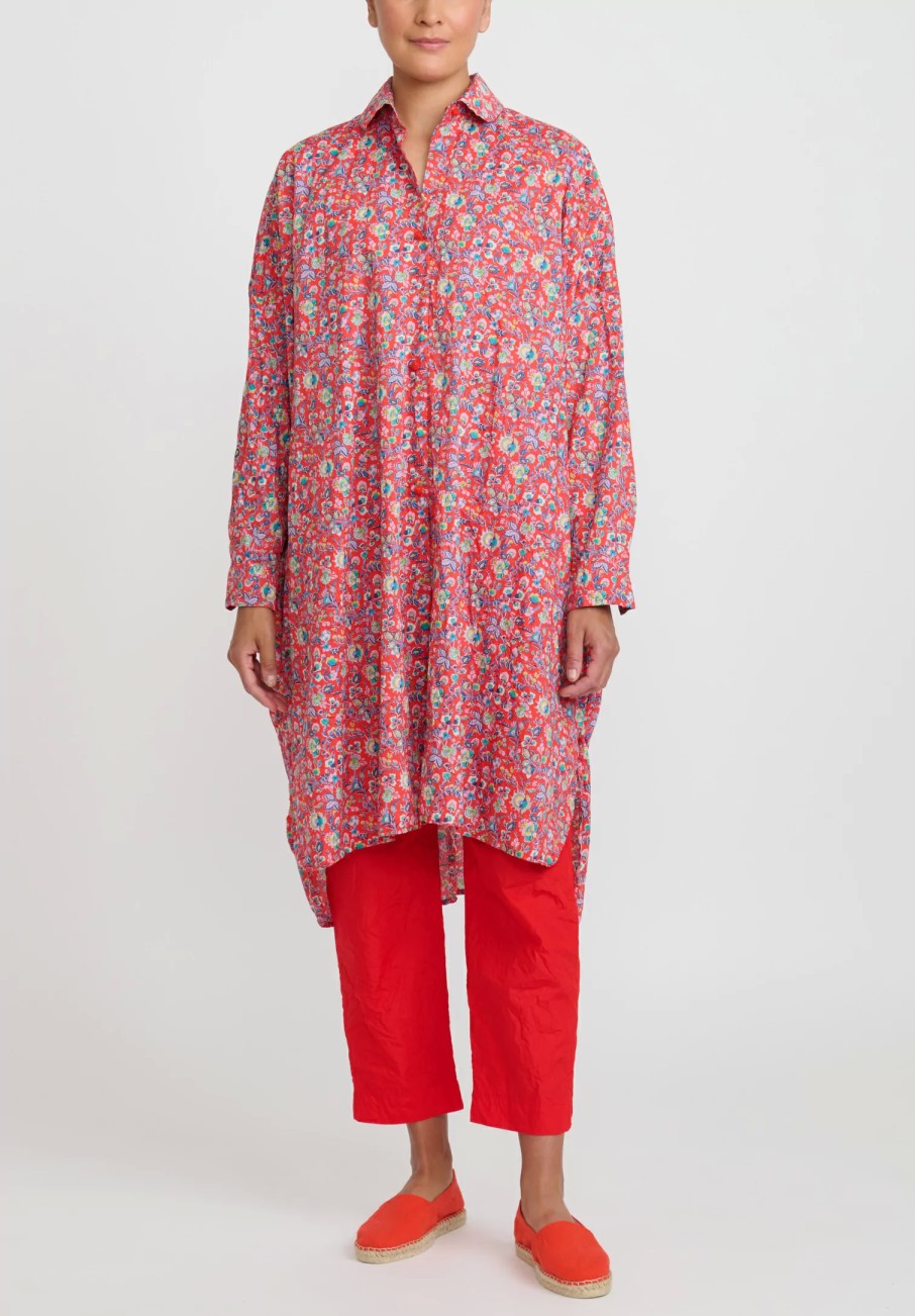 Daniela Gregis Dresses | Washed Cotton Uomo Larghissima Rosella Lavata Shirt Dress In Red, Multi Floral