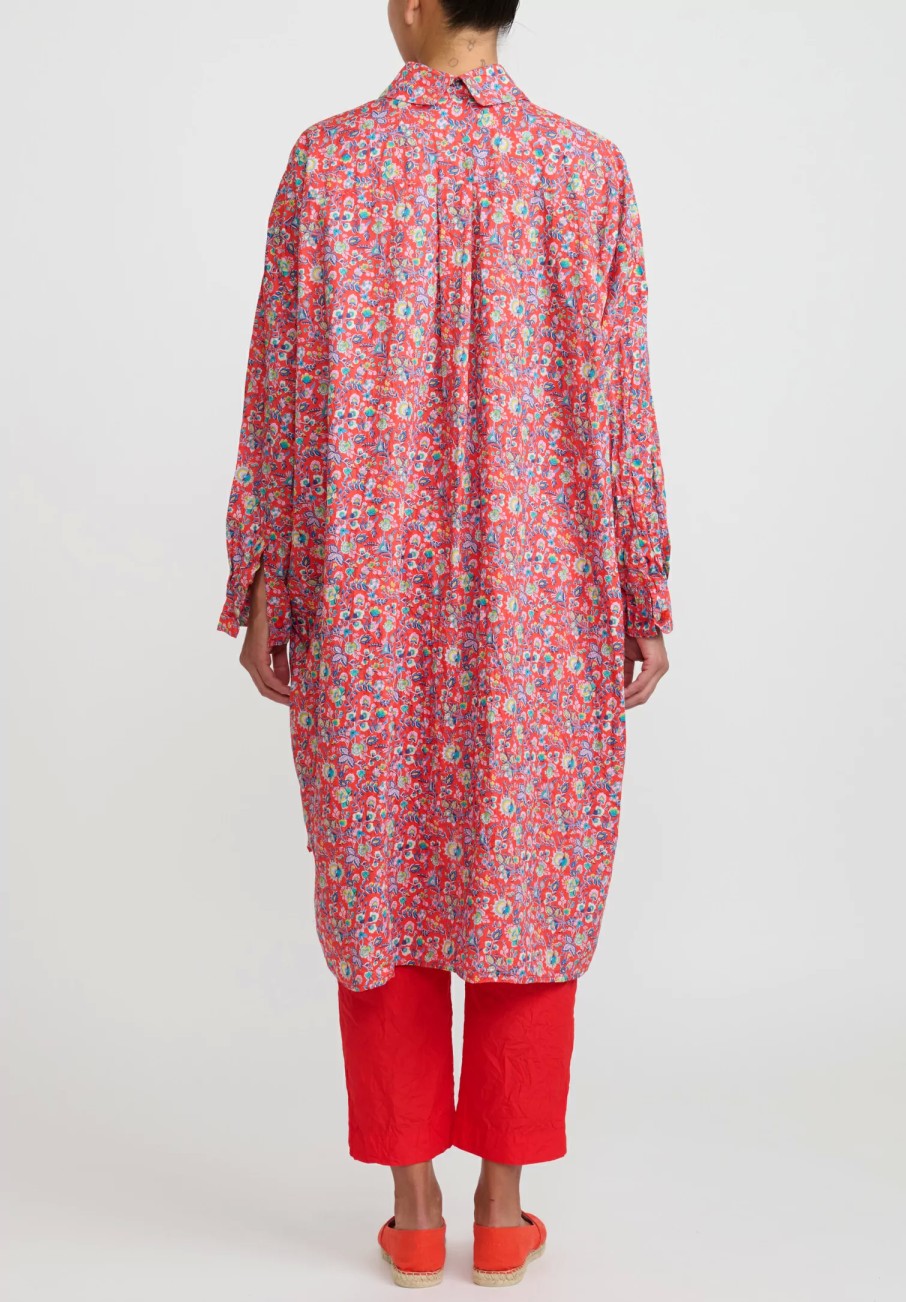 Daniela Gregis Dresses | Washed Cotton Uomo Larghissima Rosella Lavata Shirt Dress In Red, Multi Floral