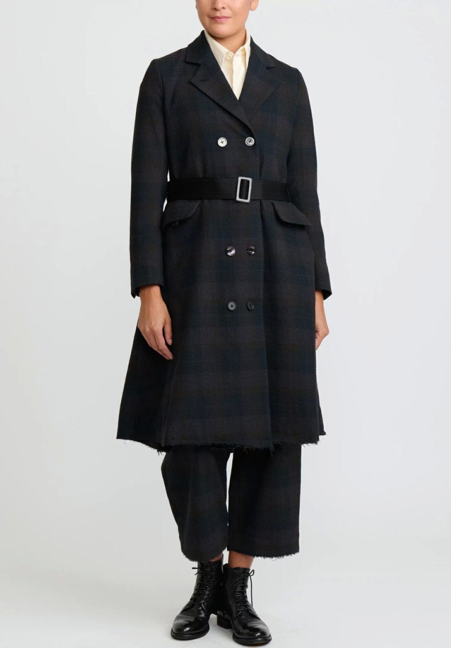 A Tentative Atelier Coats & Dusters | Wool Double Breasted Juliette B. Coat In Black And Brown Plaid