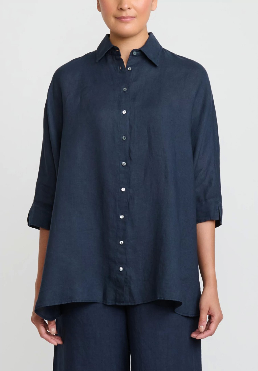 Antonelli Shirts & Blouses | Linen Oversized Carambola Shirt In Navy Blue