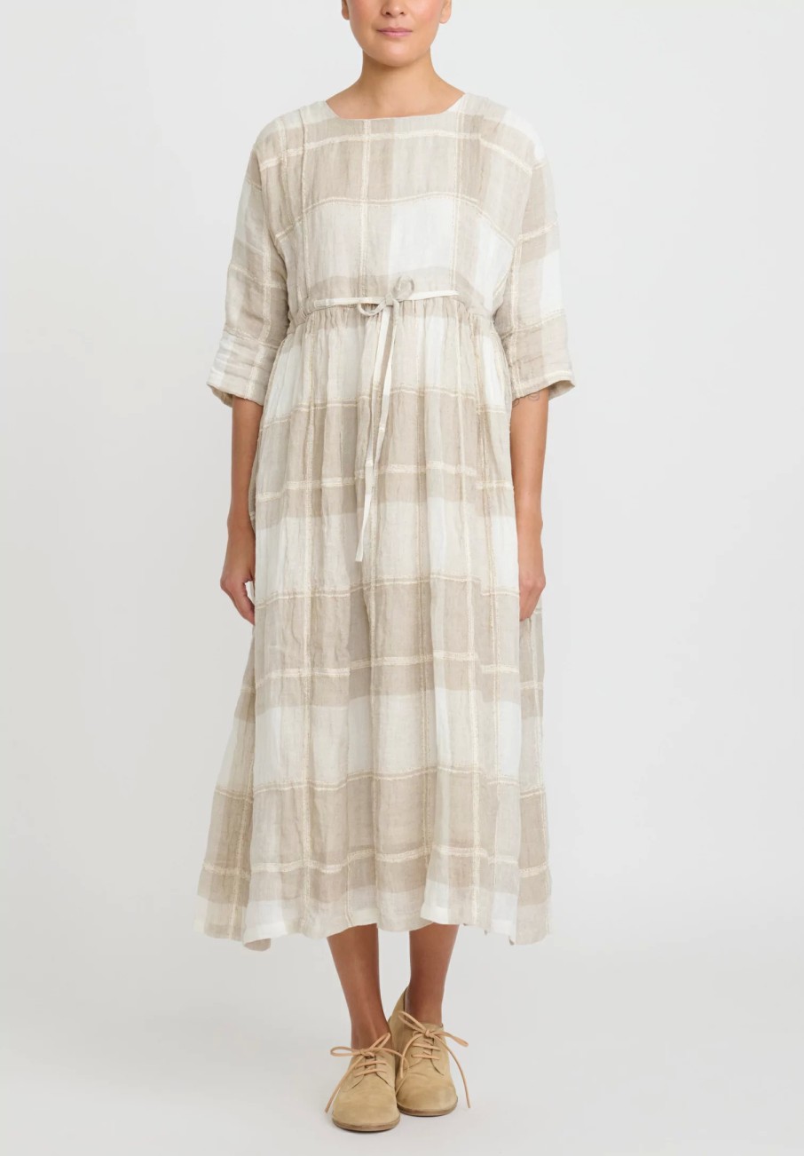 A Tentative Atelier Dresses | Gathered Check Dress In Natural Plaid