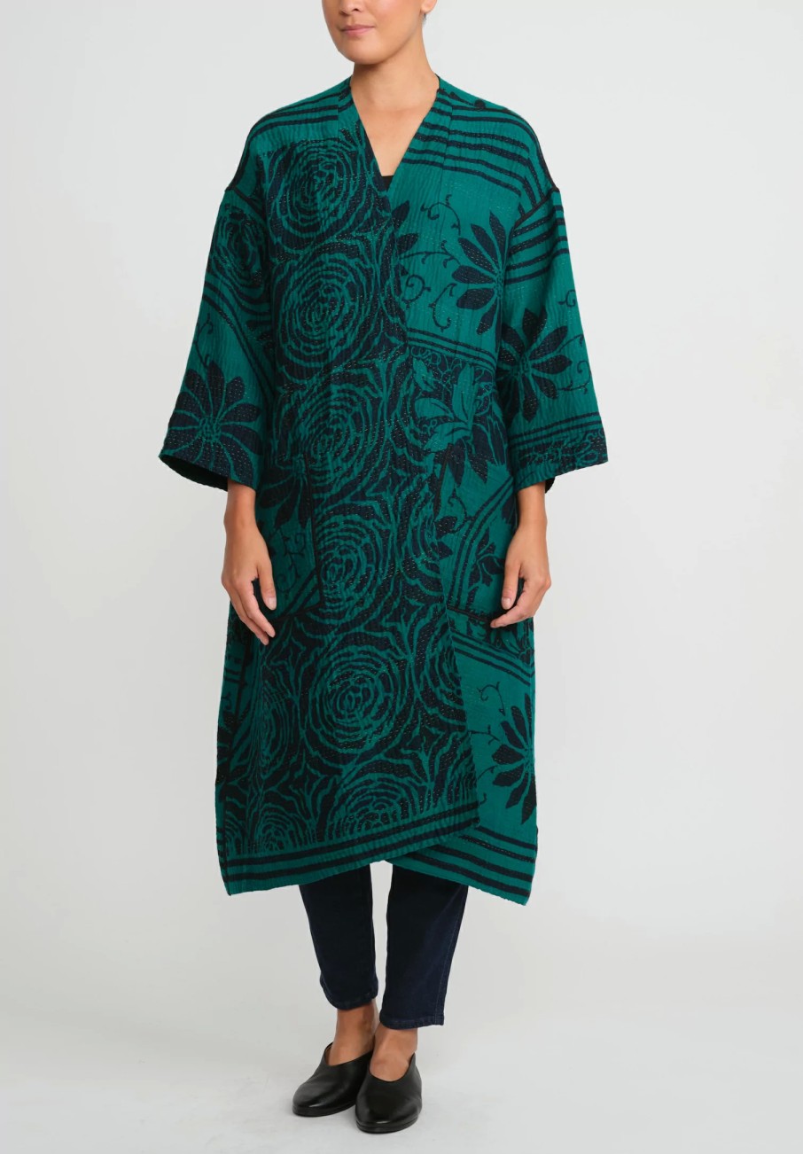 Mieko Mintz Coats & Dusters | 4-Layer Vintage Cotton & Silk Duster In Emerald Green