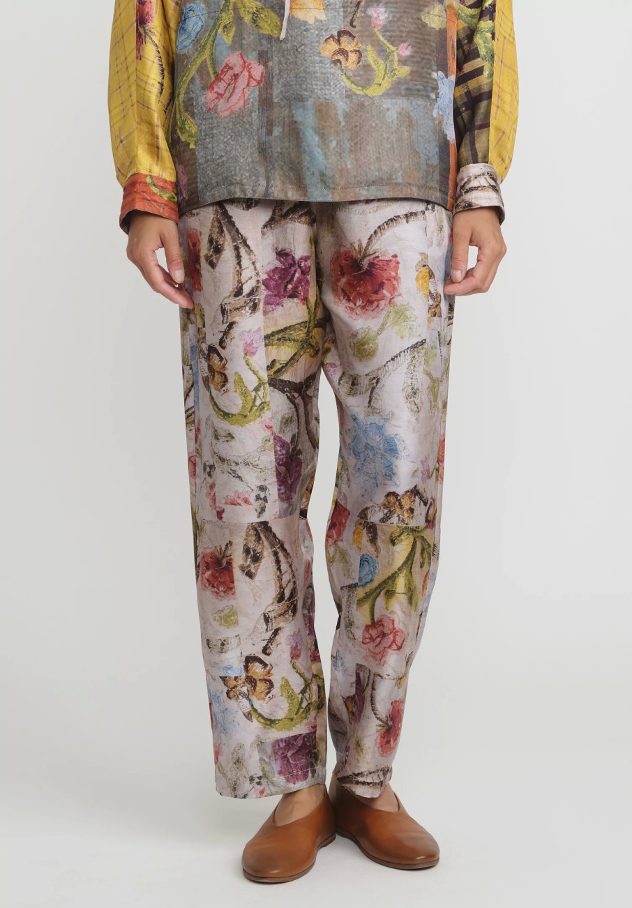 Bokja Pants | Silk Twill Riverside Print Toto Pants In Cream, Blue & Pink