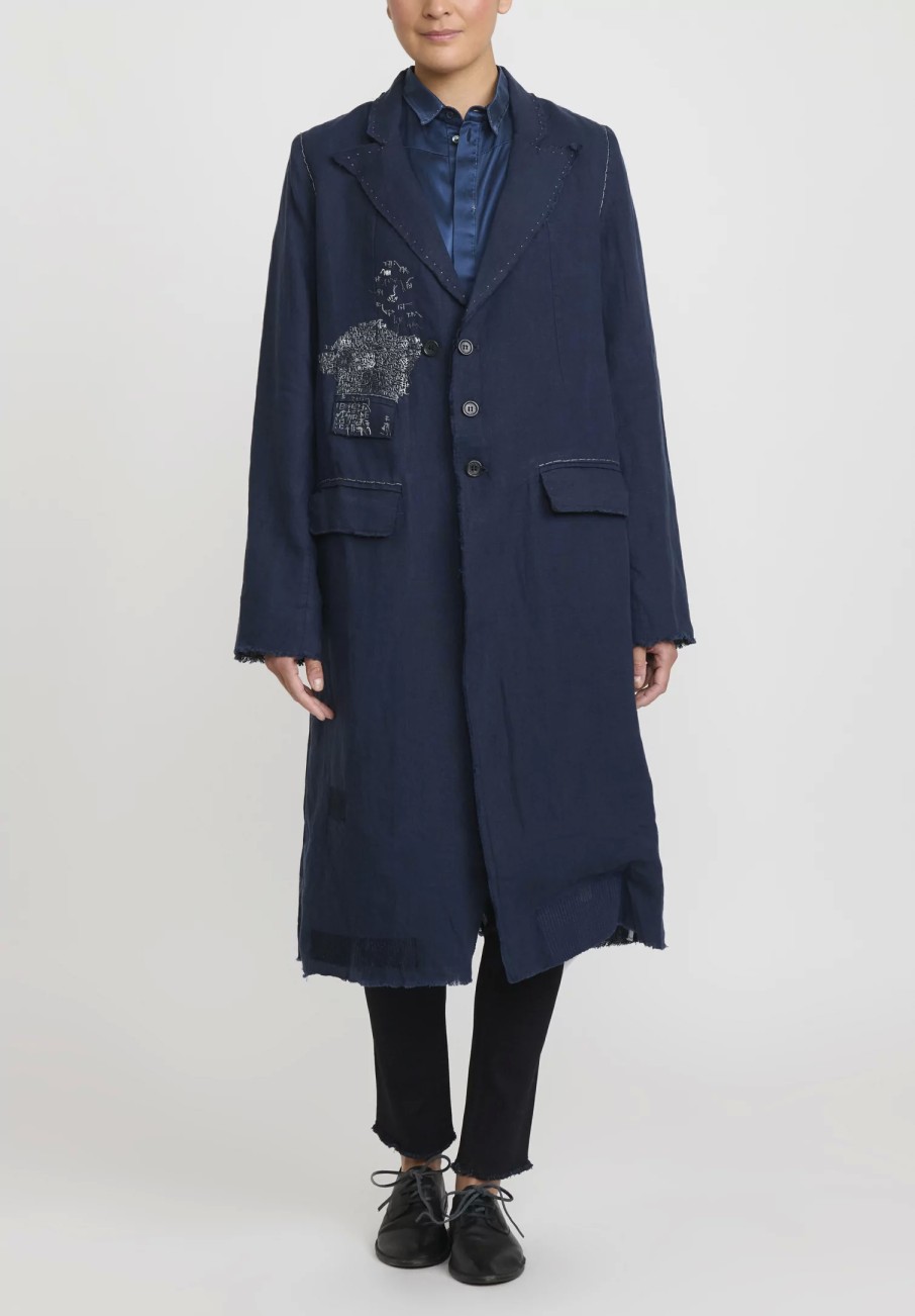 Umit Unal Coats & Dusters | Linen Long Duster Jacket In Navy Blue