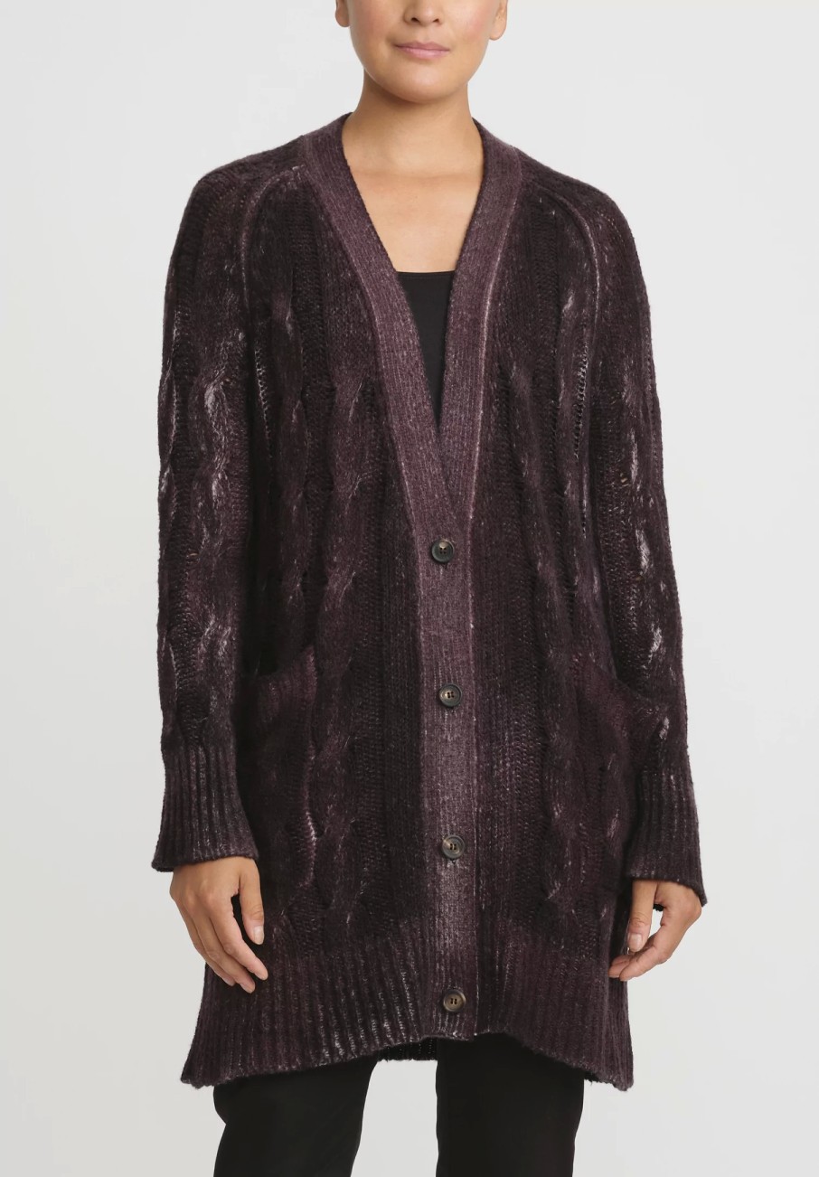 Avant Toi Knitwear | Hand-Painted Cashmere & Silk Cable Knit Cardigan In Seppia Purple