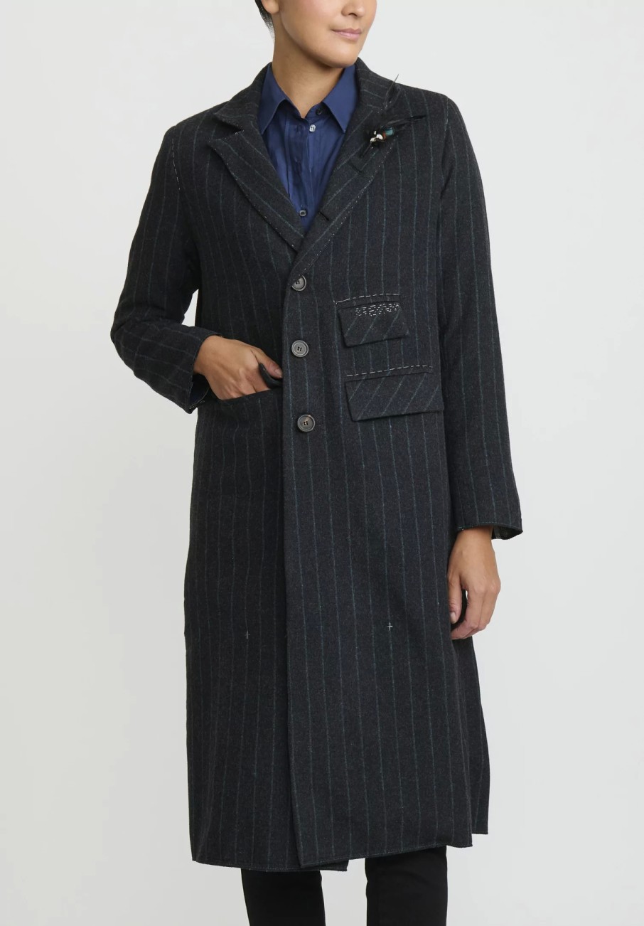 Umit Unal Coats & Dusters | Hand-Stitched Pinstripe Wool Coat In Blue & Black