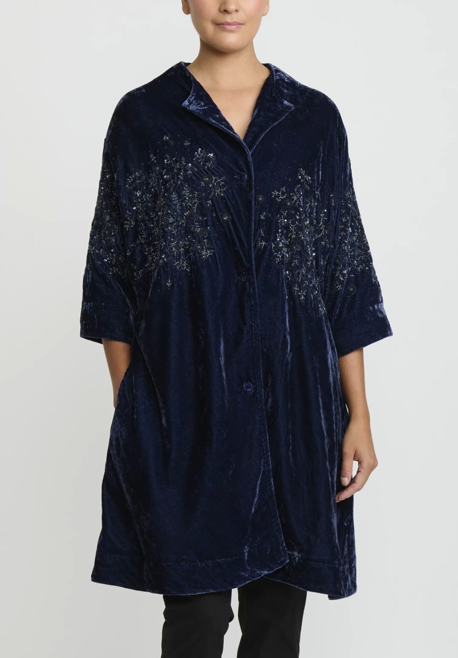 AODress Decorative Coats | Niwa Spray Beaded Velvet Cocoon Coat In Tanzanite Blue