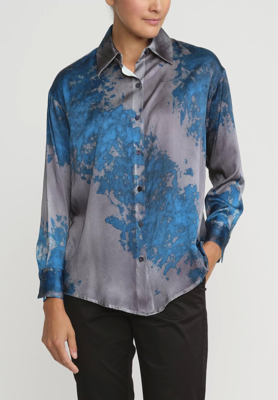 Avant Toi Shirts & Blouses | Silk Spot And Velo Shirt In Nero Turchese Blue