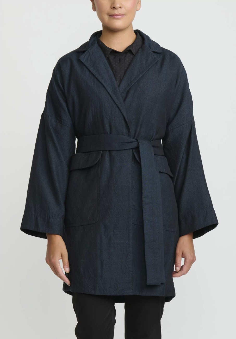 AODress Coats & Dusters | Wool Middle Coat With Embroidered Belt In Raat Navy Blue