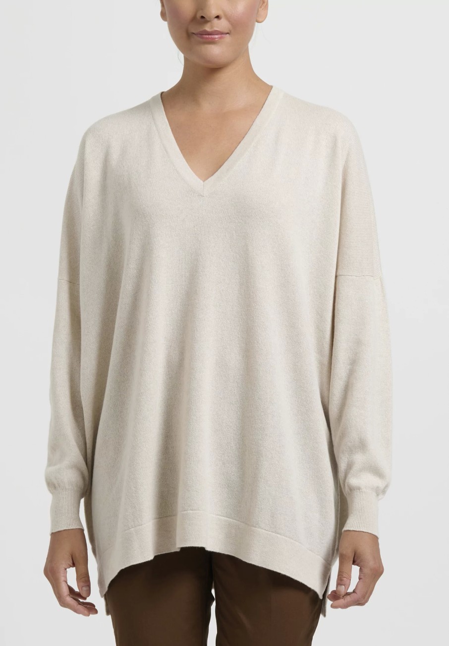 Hania New York Knitwear | Cashmere Marley V-Neck Sweater In Swansdown Natural