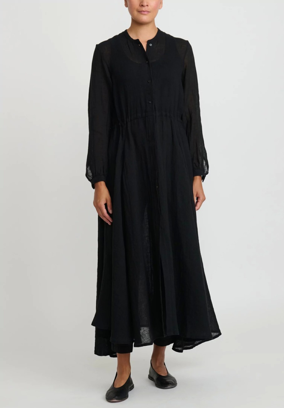 Kaval Dresses | Linen Gauze Long Button-Up Dress In Black