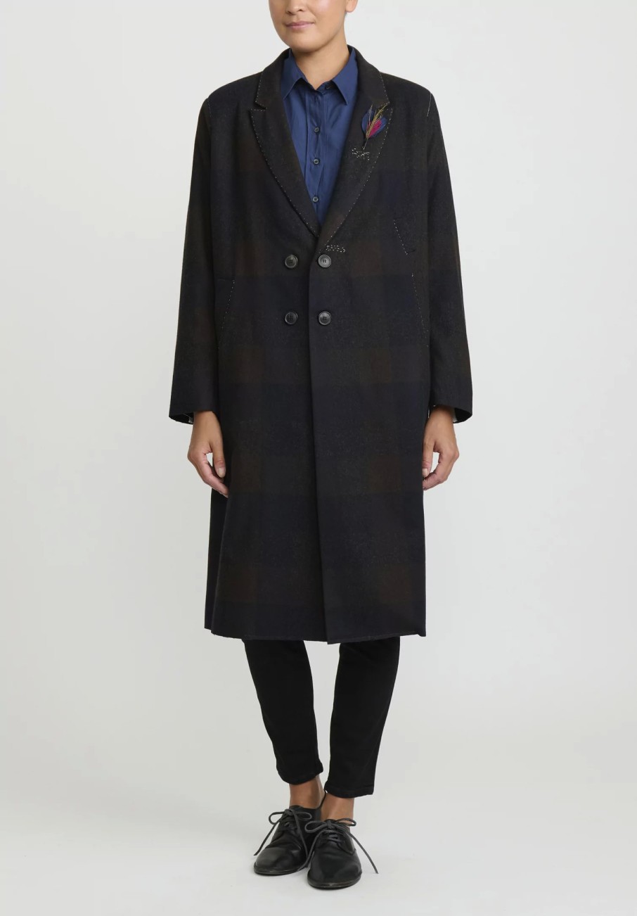 Umit Unal Coats & Dusters | Hand-Stitched Double Breasted Wool Coat In Brown & Black Check