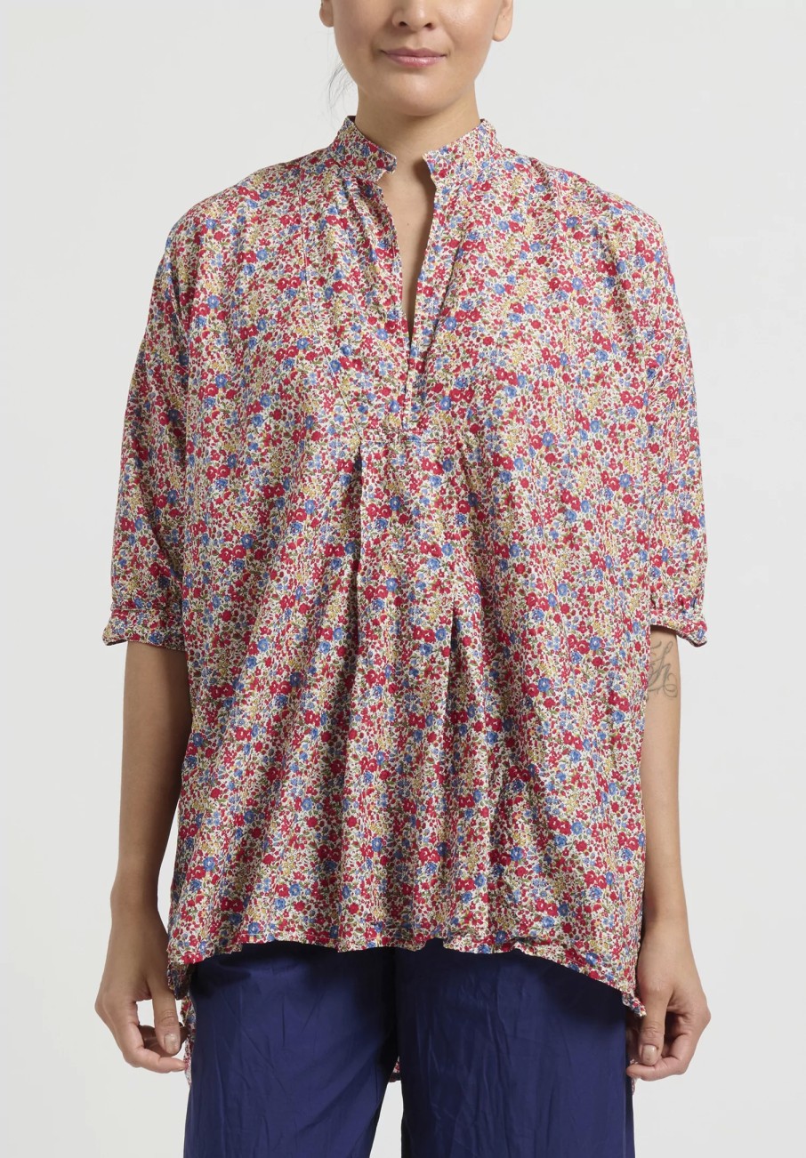 Daniela Gregis Tops | Washed Cotton Floral Kora Top In Blue, Red & Yellow