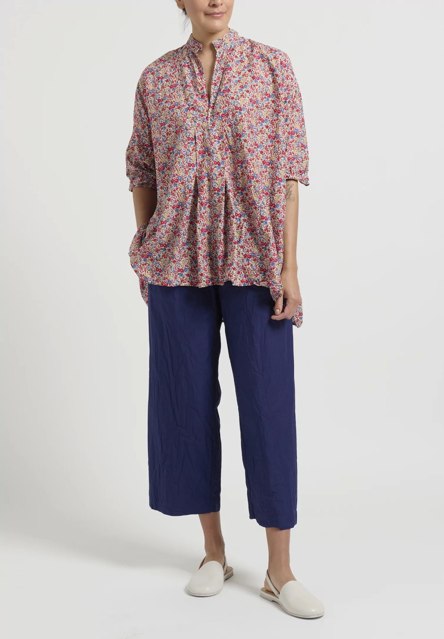 Daniela Gregis Tops | Washed Cotton Floral Kora Top In Blue, Red & Yellow