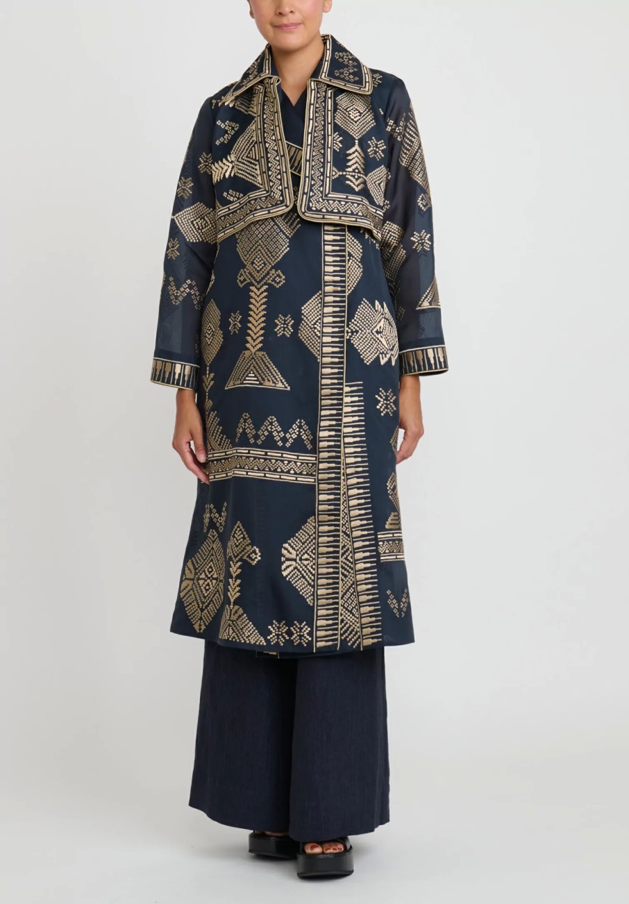 Biyan Decorative Coats | Silk Organza Embroidered Ratovina Light Trench Coat In Navy Blue