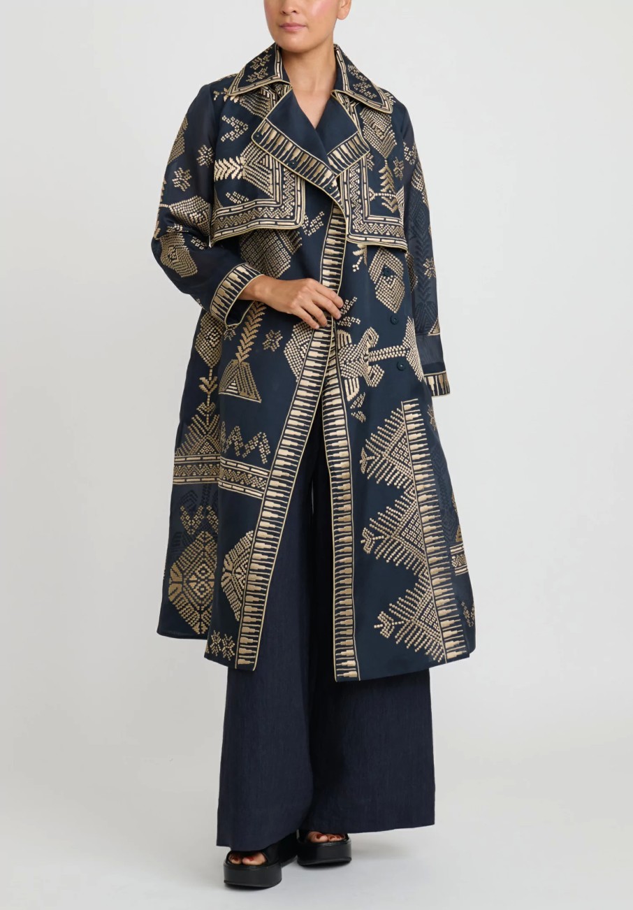 Biyan Decorative Coats | Silk Organza Embroidered Ratovina Light Trench Coat In Navy Blue